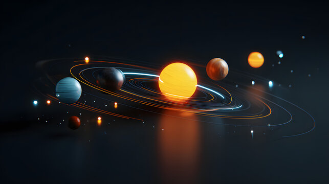 Stylized glowing solar system model showing planets orbiting sun on dark cosmic background
