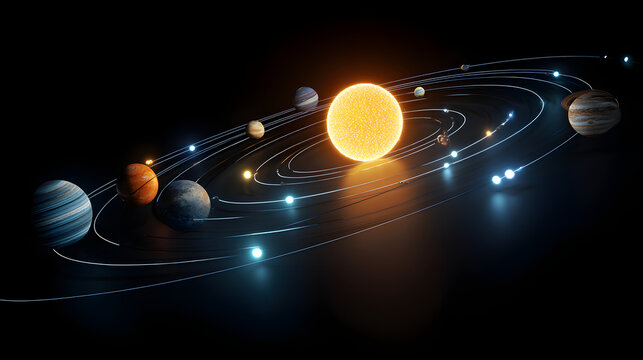 Stylized glowing solar system model showing planets orbiting sun on dark cosmic background
