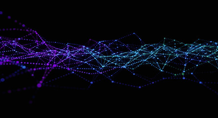 Abstract blue and purple waves intertwined with dots and lines, set against a sleek black background, Generative AI.