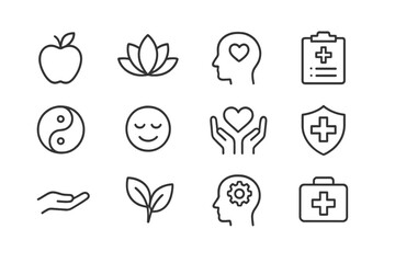 Wellness and health icons representing mental well-being, nutrition, and self-care concepts