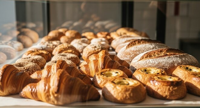 Fresh Baked Croissants on Bakery Display
