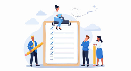 Cartoon-style illustration of diverse characters interacting with a large clipboard checklist, pencils, and a tablet, symbolizing teamwork, planning, and productivity on a soft beige background
