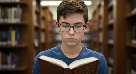 Teenage student reading a book at the library for school study and education in the learning center