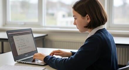 Student using laptop for online education in classroom for learning and studying at school desk work
