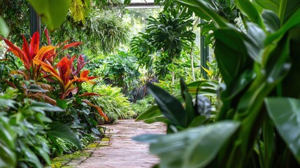 Lush Greenhouse Interior with Red and Yellow Plants along Footpath Through Abundant Tropical Greenery Under Natural