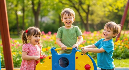 Children having fun together on playground equipment in a park on a sunny day with green trees