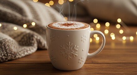 Cozy winter beverage with steam and lights for christmas holiday season warm drink photography image