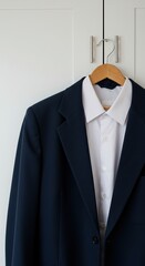 Navy suit jacket and white shirt hanging in wardrobe for business professional attire fashion style look