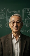 Portrait of asian professor with glasses in front of chalkboard teaching science and math concepts