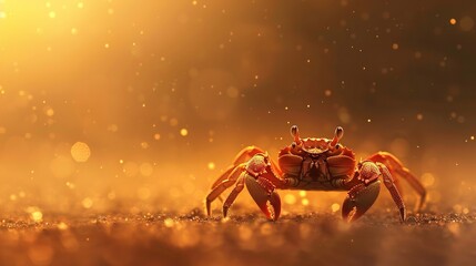 Fototapeta premium Close up of a vibrant red crab on a beach at sunset. Golden hour lighting, bokeh effect.