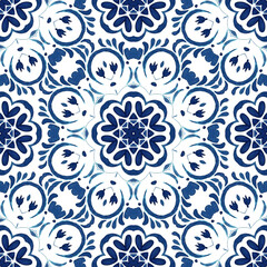 Gorgeous seamless blue floral watercolor pattern oriental mandala design