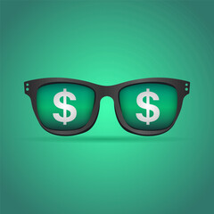 Money Vision – Flat Vector of Glasses with Dollar Signs in Lenses on Green Background