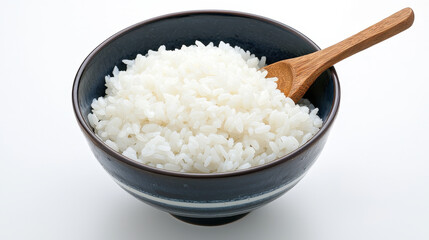 Freshly cooked organic rice in bowl with wooden spoon, perfect for healthy meal