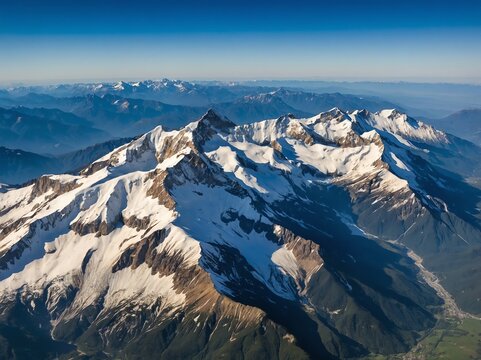 Aerial view of snow-capped mountain peaks under a clear blue sky