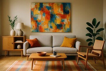 A modern living room interior is showcased with an abstract frame poster, featuring a 3D render and 3D illustration of stylish interior design