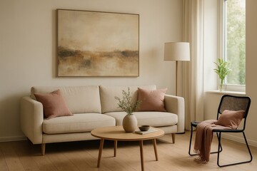 A modern living room interior featuring a stylish mockup frame poster, showcased through 3D rendering and illustration