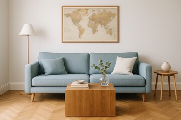 A Scandinavian living room features a stylish mint sofa, complemented by elegant furniture, a mock-up poster map, lush plants, and refined personal accessories, showcasing impeccable home decor and
