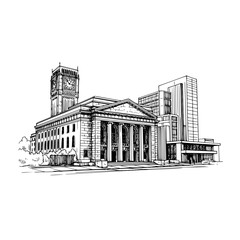 Architectural building landmark sketch of city hall with clock tower and modern buildings drawing design