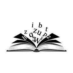 Open book with flying letters education knowledge literature reading study learning library text alphabet concept