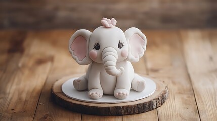 Decoration of happy baby elephant cake sat on wooden table