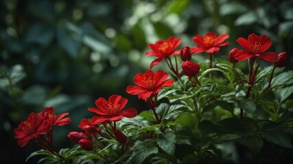 Cluster of vibrant red flowers stands out against backdrop of dark green foliage, illuminated by subtle light that highlights delicate textures of petals, leaves. Contrast between bright blooms.