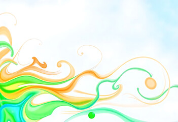 Abstract colorful swirls of green orange and turquoise colors against a white and blue backdrop