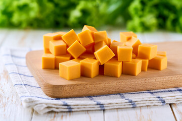 Cheddar cheese cut into cubes on light kitchen table, selective focus.