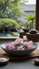 Outdoor setting features large, shallow bowl filled with water, small stones, several pink lotus flowers floating gracefully. Bowl rests on textured grey mat on wooden surface. In background.