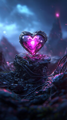 Glowing heart shaped gem resting on rocky landscape, radiating mystical energy and beauty