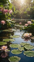 Pond adorned with multiple blooming pink lotus flowers, their broad green leaves, basking in sunlight filtering through surrounding foliage. Tranquil water reflects beauty above.