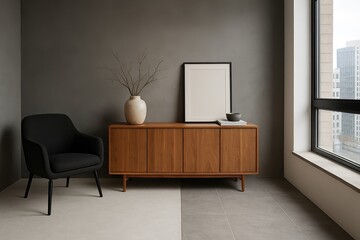 A contemporary interior design featuring a mock-up space on a concrete wall, accompanied by a wooden bookcase, an armchair, a decorative plant, and a window overlooking the city, all created through
