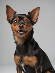 Small dog with large pointed ears, black, tan fur stands in profile view. Its  , emphasizing its shiny coat against neutral gray background. Domestic pet looks away.