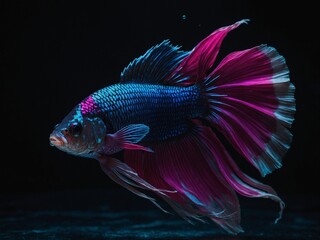 Vibrant betta fish, with iridescent blue scales, flowing magenta fins, captured mid-swim against dark background, highlighting contrast, delicate details of its fins. Image showcases natural beauty.