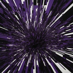 Abstract burst of lines radiating from central point, creating dynamic sense of explosion, rapid movement. Color palette limited to shades of purple, black, white, which adds to intensity.