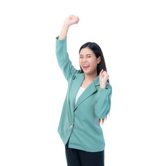 Beautiful successful young businesswoman in green blazer celebrating achievement with raised fists, smiling confidently, expressing happiness and business success, isolated on a transparent background