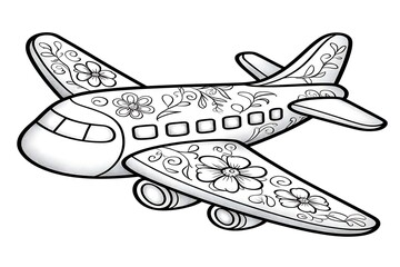 Airplane decorated with floral ornaments in black and white for coloring book pages