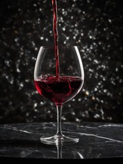 Red wine pours into glass, creating ripples, splash as it hits existing liquid. Glass sits on reflective surface with dark, speckled background that accentuates vibrant color of wine.
