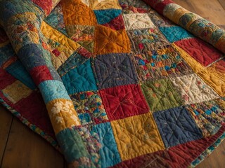 Colorful patchwork quilt spread out on wooden floor, showcasing array of patterns, hues in cozy display. Quilt features variety of square, rectangular patches, some with floral designs.