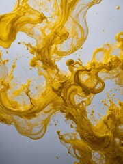 Vivid yellow paint swirls dynamically against neutral background, creating abstract, fluid art piece. Thick, viscous texture of paint evident as it curls, folds upon itself.