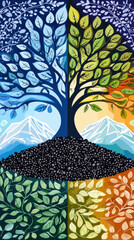 Vibrant illustration of tree divided into four sections, each representing different seasons