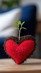 Heart shaped patch of soil with green seedling sprouting, symbolizing love and growth