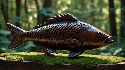 Wooden fish sculpture placed on moss-covered surface in forest setting, showcasing intricate craftsmanship with detailed scales, fins, open mouth as if in mid-motion.