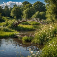 Wooden arched bridge spans across tranquil river, surrounded by lush greenery, wildflowers under clear blue sky with scattered clouds. Reflection of bridge on waters surface adds to serene atmosphere.