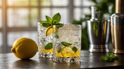 Two glasses filled with clear, bubbly liquid, ice cubes sit on wooden surface, garnished with fresh mint leaves, lemon slices. Sunlight filters through window in background.