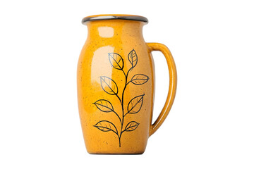 Ceramic mug, mustard yellow color, with a minimalist black leaf design. Perfect for hot beverages, kitchen decor, or autumn themes.