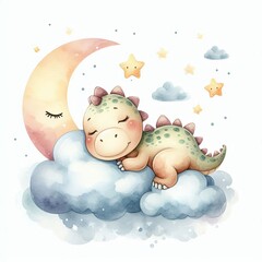 baby dinosaur sleeping on a cloud, with the stars and moon in the sky