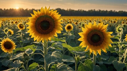 Vast field of sunflowers bathes in warm glow of setting sun, with horizon lined by trees under clear sky. Foreground features several prominent sunflowers in full bloom, their large.