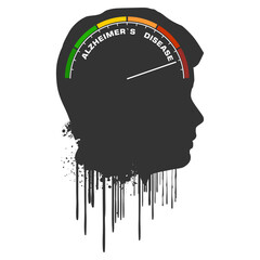 Dementia, memory loss, amnesia concept. Brain damage, cognitive disfunction. Alzheimer's disease. Illustration of a human head profile with abstract device scale. Mental, psychological illness