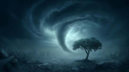 Apocalyptic tornado sweeps across a devastated city with a lone tree standing tall