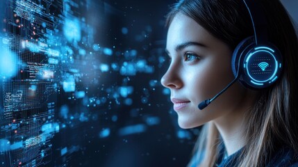 Focused young woman with headset in digital tech environment